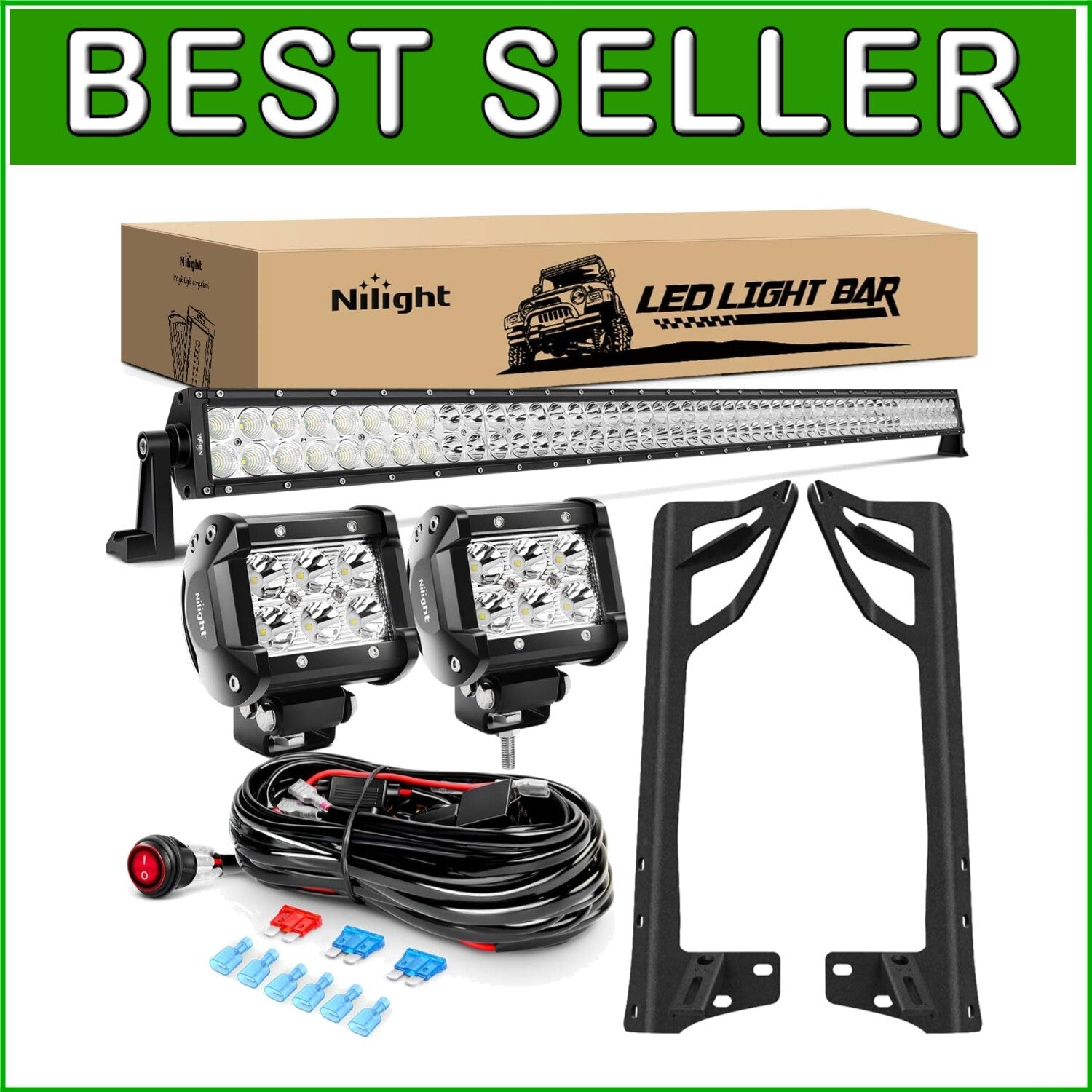 Bright 300W 52-Inch LED Bar with 4-Inch LED Pods & Wiring for Jeep Off-Road Use