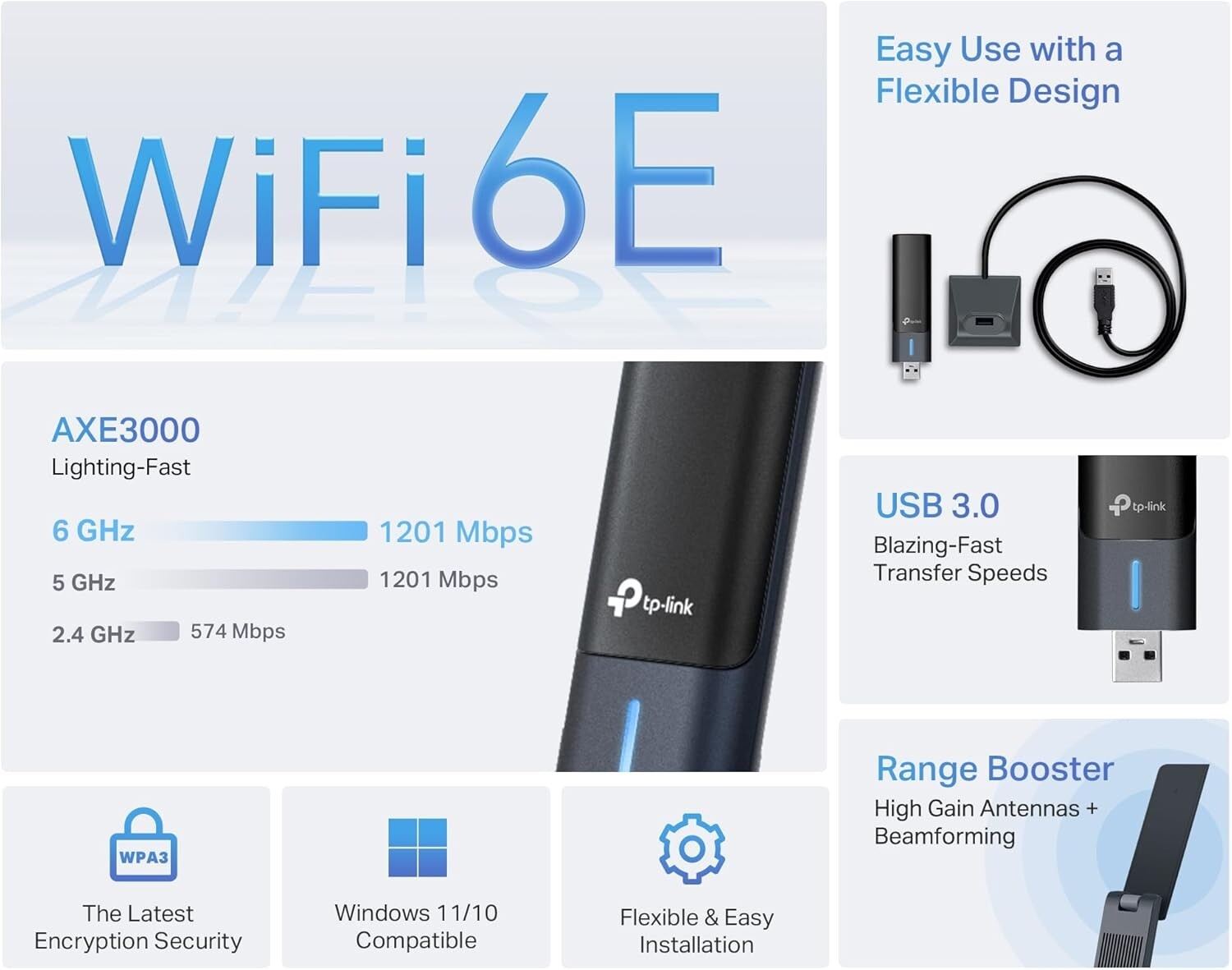 Compact WiFi 6E USB Adapter - Tri-Band, Ultra-Low Latency for Gamers & Streamers