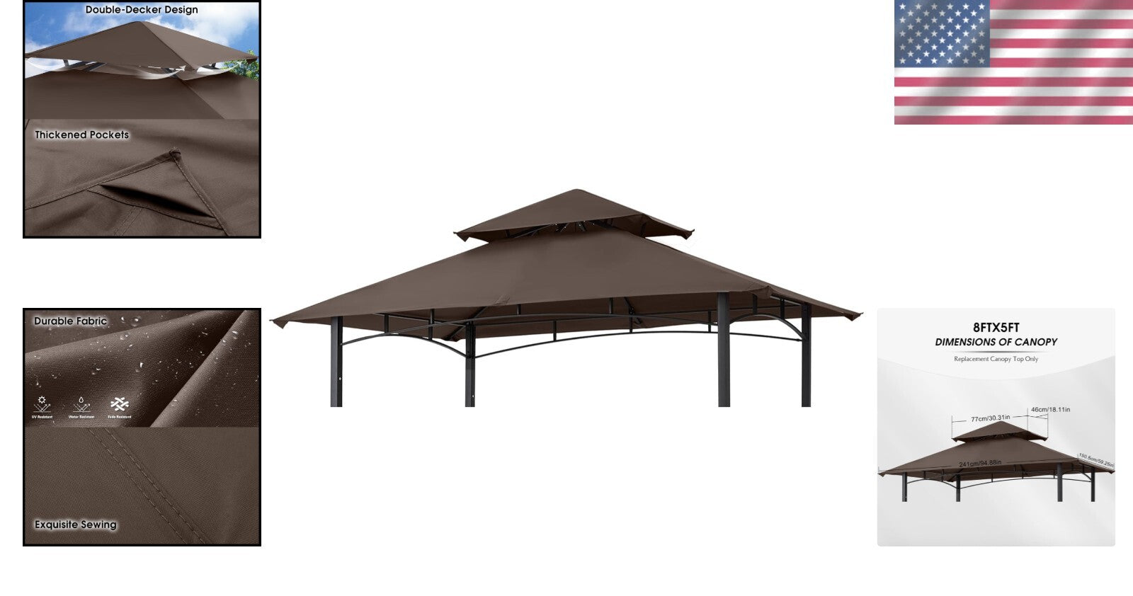 Durable Rectangular Replacement Canopy for Grill Gazebo L-GG001PST-F - Brown