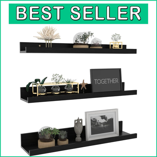 Elegant Black Floating Shelf Set with U-Shape Ledge - 24 Inch Wall Storage