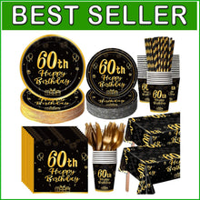 Load image into Gallery viewer, Stylish 452-Piece Complete Set of Black and Gold Tableware for 60th Celebrations