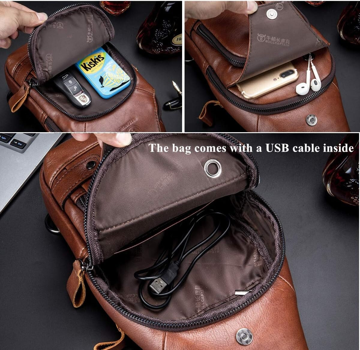 Compact Chest Bag for Men - Genuine Leather with USB Charging & Multi-Pockets