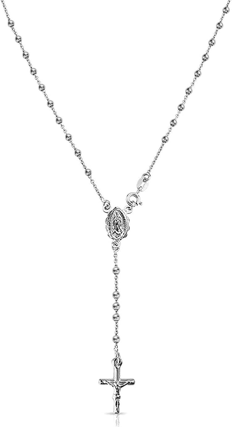Elegant 18-Inch Solid Sterling Silver Cross & Rosary Y Necklace - Made in Italy