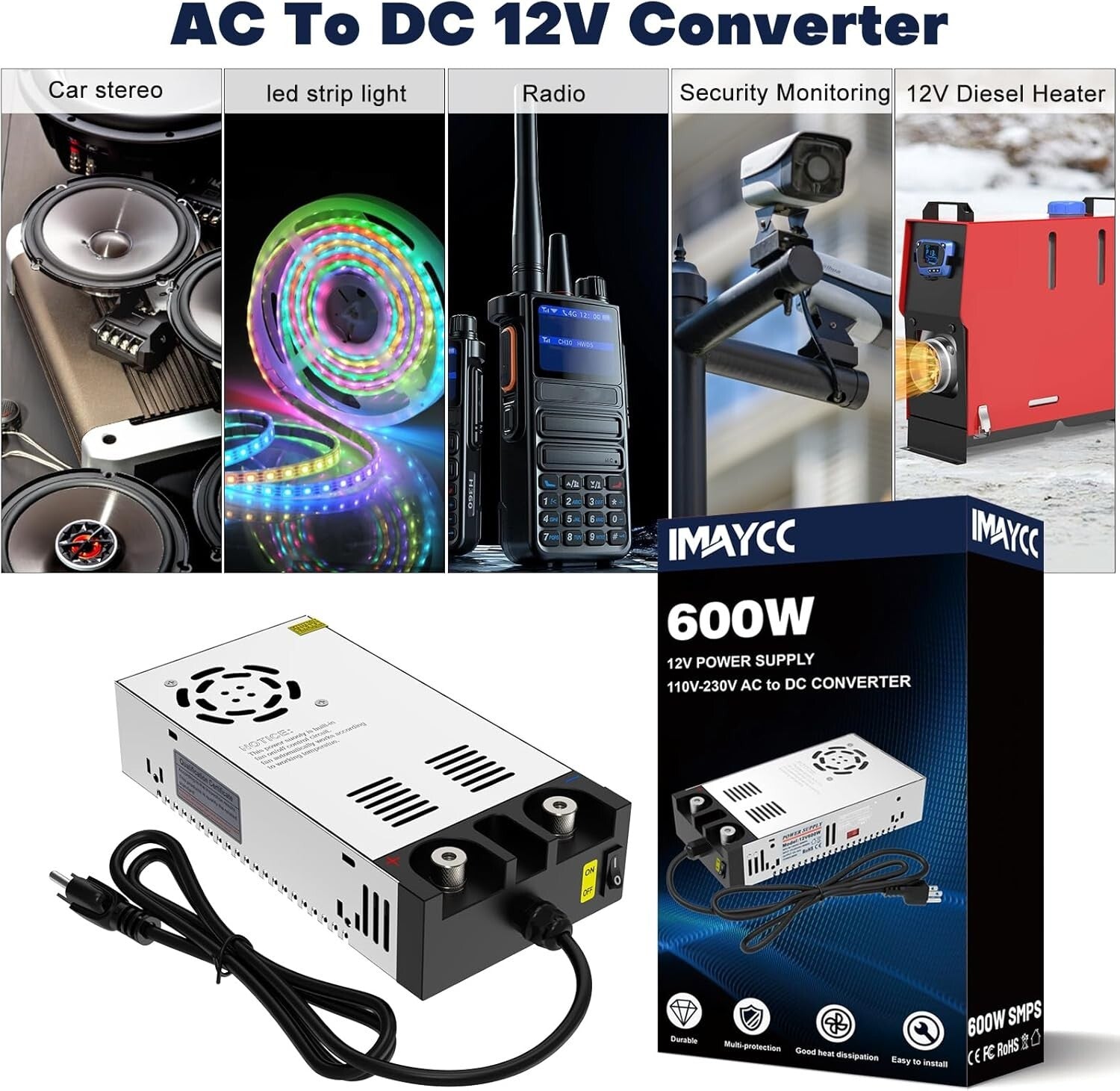Efficient 600W 12V AC to DC Converter - Short Circuit & Overload Protection