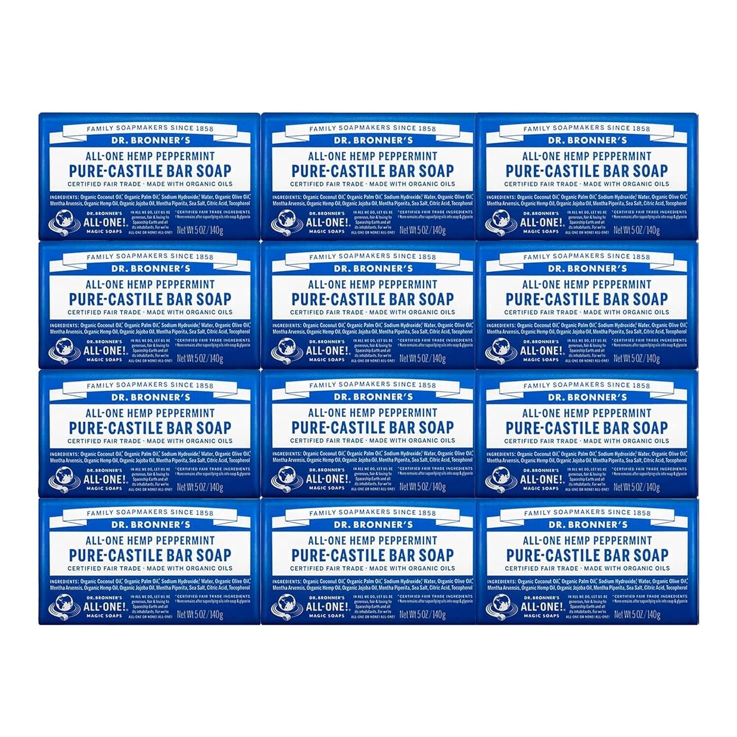 12-Pack Dr. Bronner's Peppermint Pure-Castile Bar Soap - Vegan & Cruelty-Free