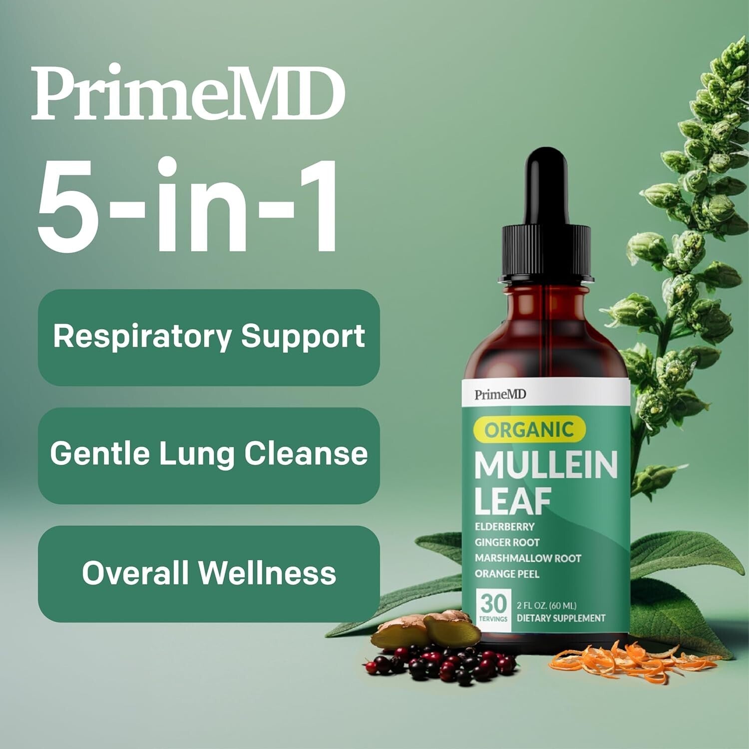 5-in-1 Mullein Drops Tincture for Lung Support - 120 Servings Backed by Nature