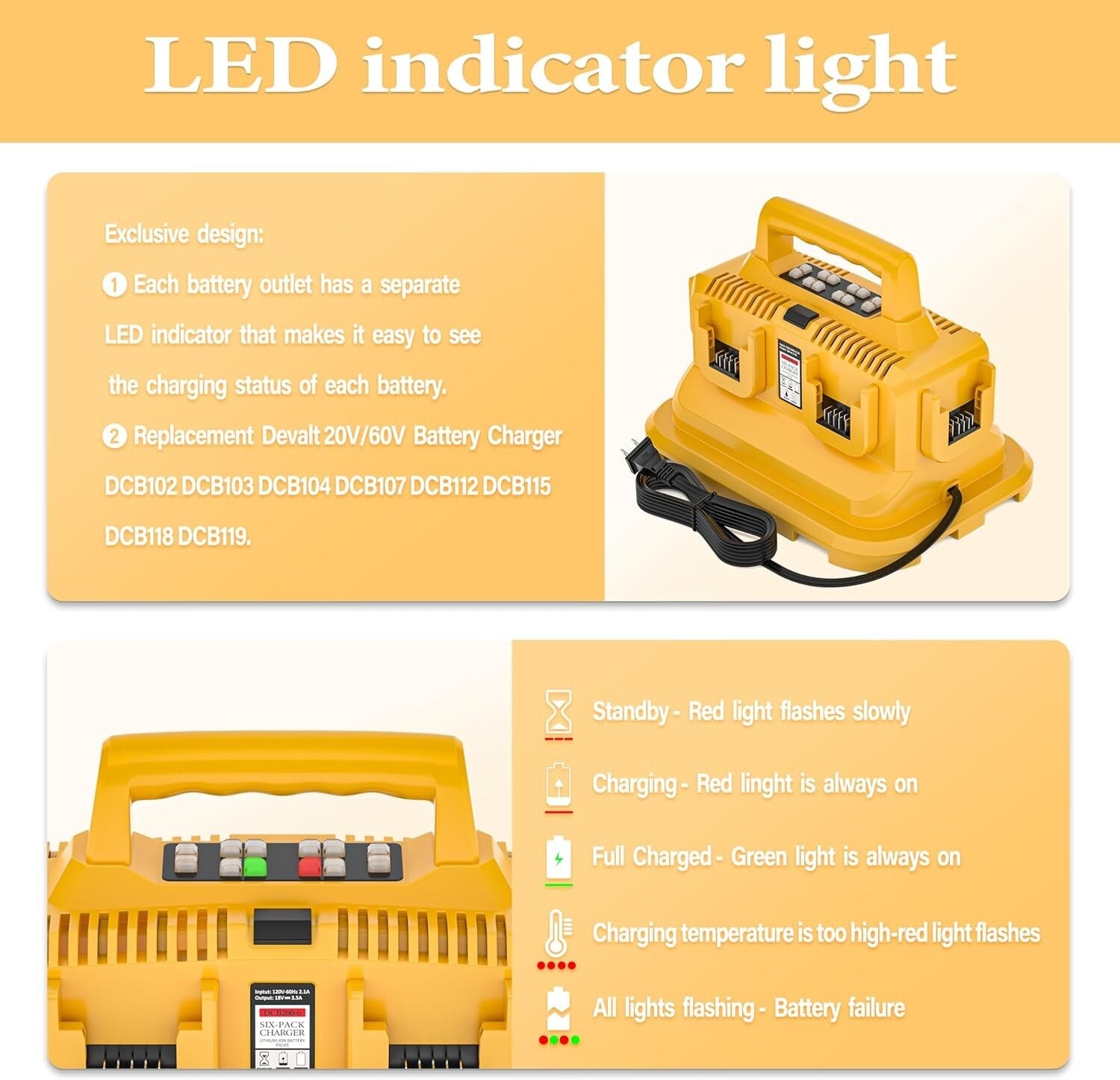 6-Port Rapid Battery Charger Station for Devvalt 20V/60V Batteries - AC 100-240V