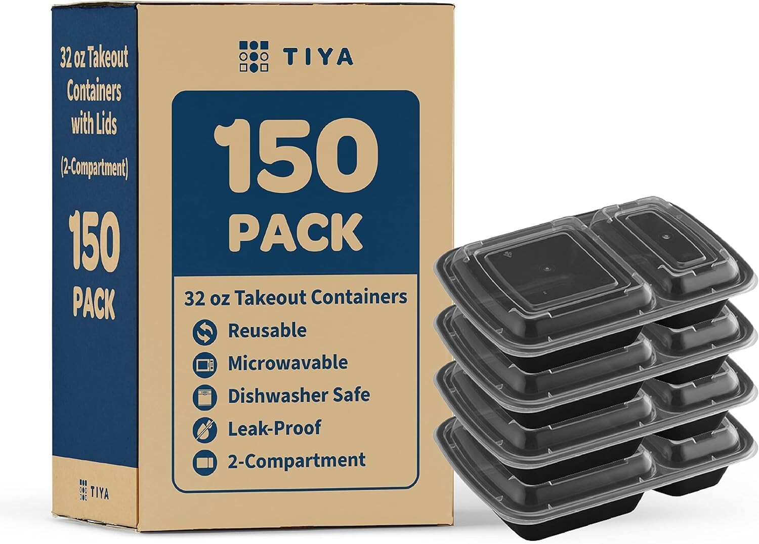 150 Pack of 32 oz BPA Free Takeout Containers - Microwavable & Dishwasher Safe