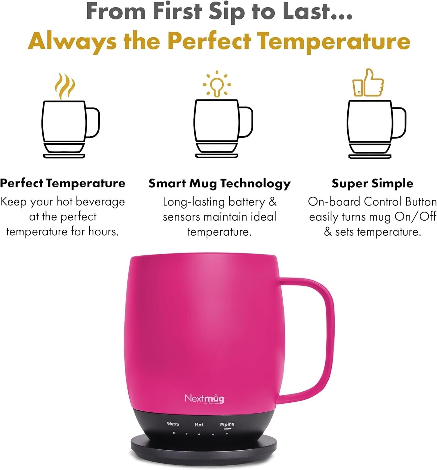 Elegant 14 oz Temperature-Controlled Self-Heating Coffee Mug - True Pink