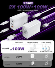 Load image into Gallery viewer, 3-Port USB C Fast Charging Adapter - 100W GaN Charger with 6.6ft Cables Included