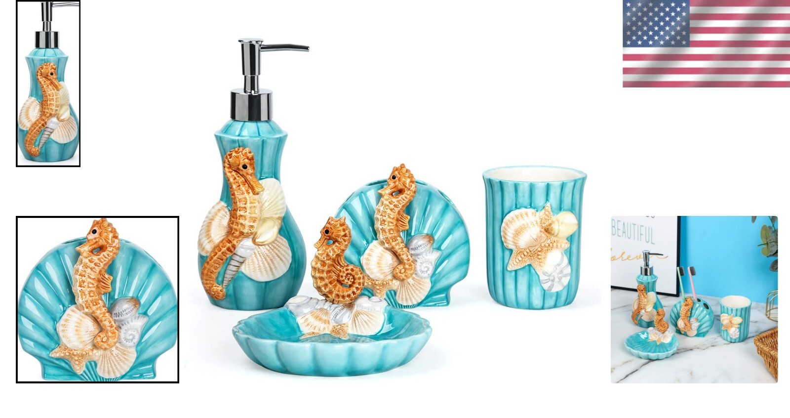 Durable and Elegant Ceramic 4-Piece Bathroom Accessories Set - Nautical Theme