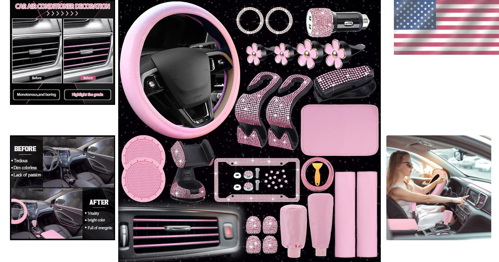 Fashionable Light Pink Car Accessories Bundle: Steering Cover & Phone Holder