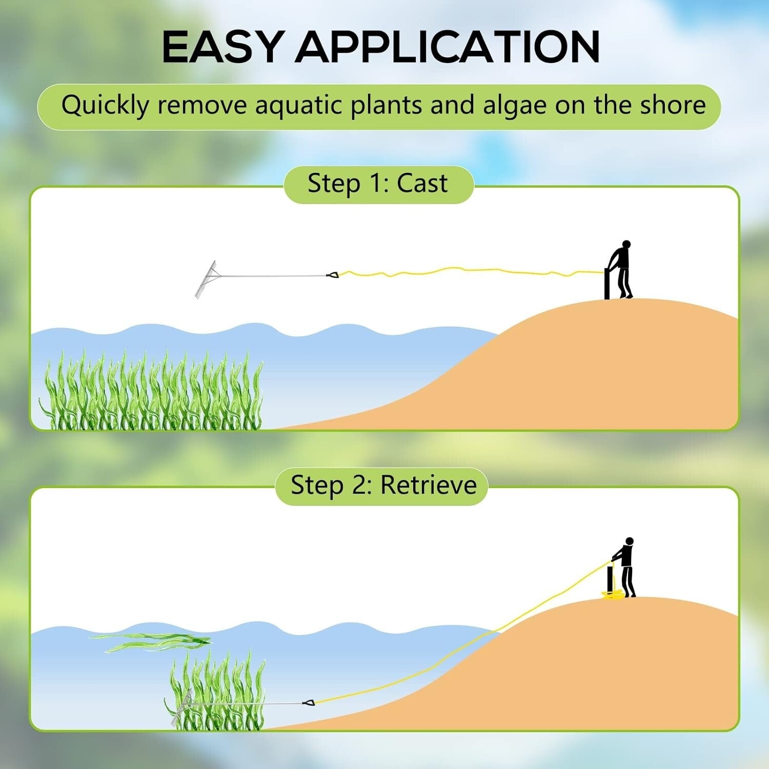 Versatile 36" Lake Rake with Detachable Handle & Weed Removal Rope - Yellow