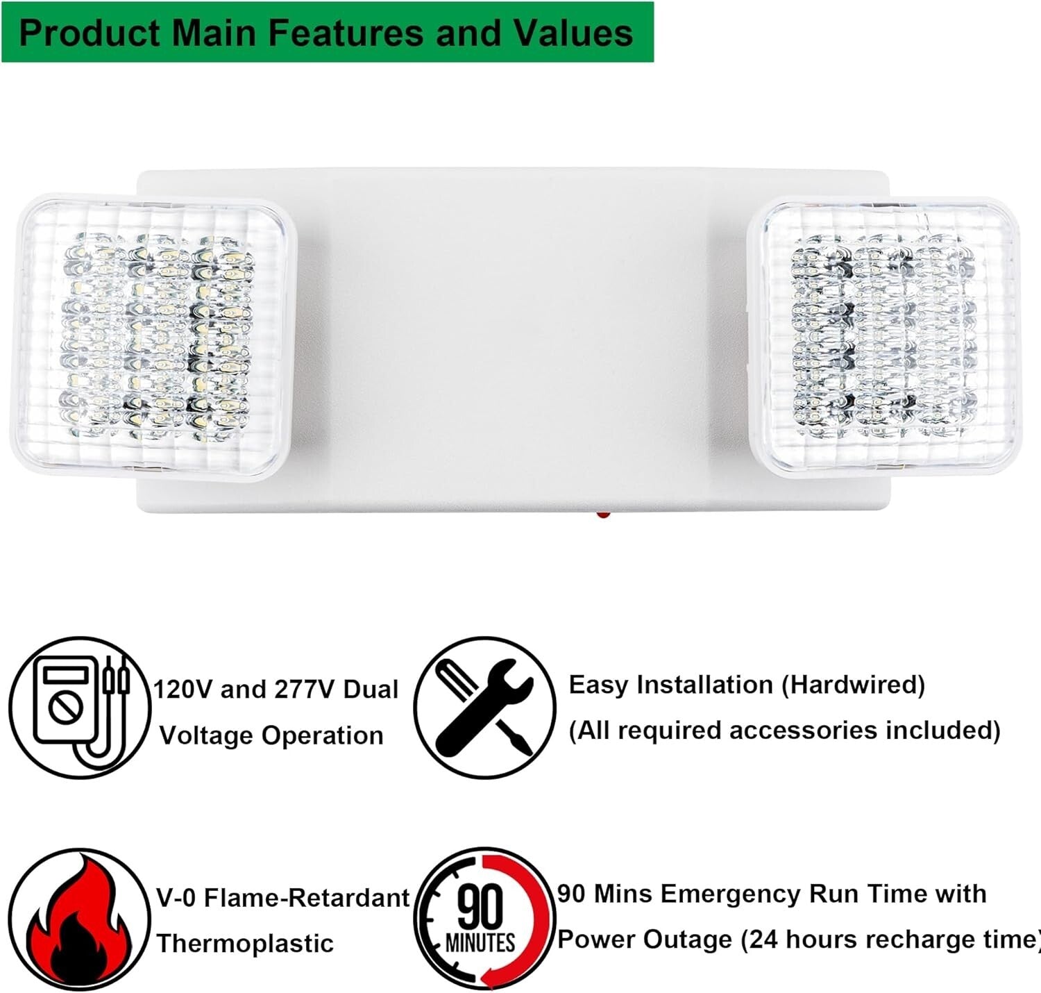 2-Pack LED Emergency Lighting Fixtures with Battery Backup - UL 924 Certified