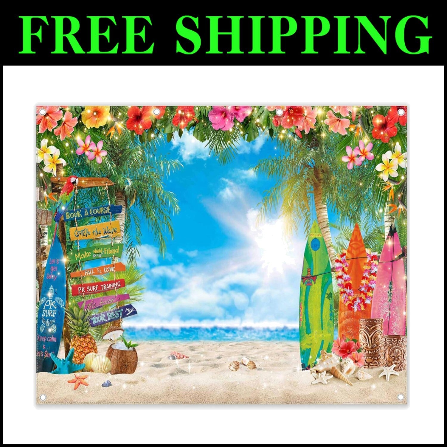 10x8ft Hawaiian Beach Backdrop with Palm Leaves & Surfboard for Aloha Parties