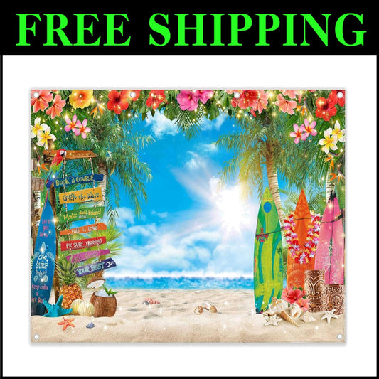 10x8ft Hawaiian Beach Backdrop with Palm Leaves & Surfboard for Aloha Parties