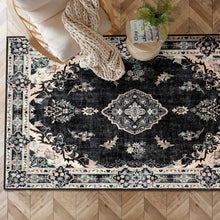 Load image into Gallery viewer, 3'x5' Washable Black Floral Rug - Boho Area Rug for Stylish Living Spaces