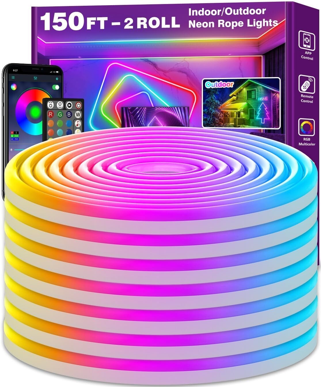 150FT Flexible RGB Neon Rope Lights with App Control - Waterproof & Versatile