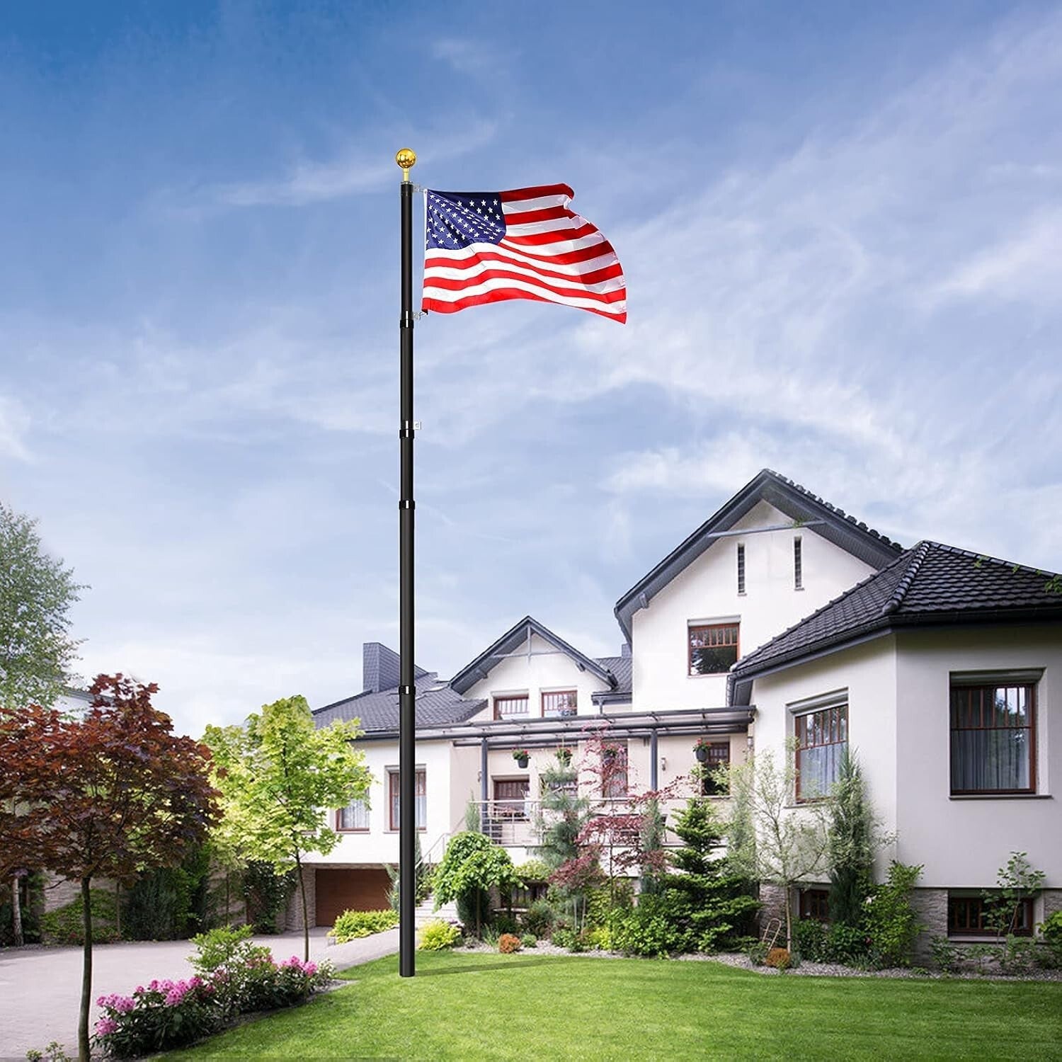 30ft Telescopic Aluminum Flag Pole Kit with 3x5 American Flag for Outdoor Use