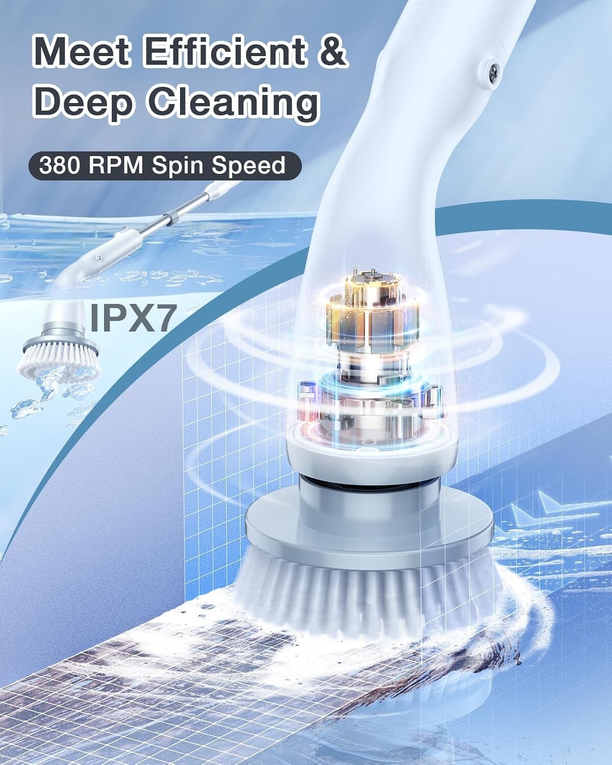 High-Speed 380 RPM Electric Spin Scrubber with 4 Brush Heads for All Surfaces