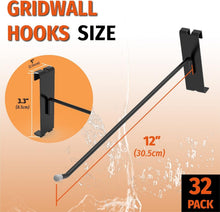 Load image into Gallery viewer, Durable 12-Inch Black Gridwall Hooks - Set of 32 for Smart Organization