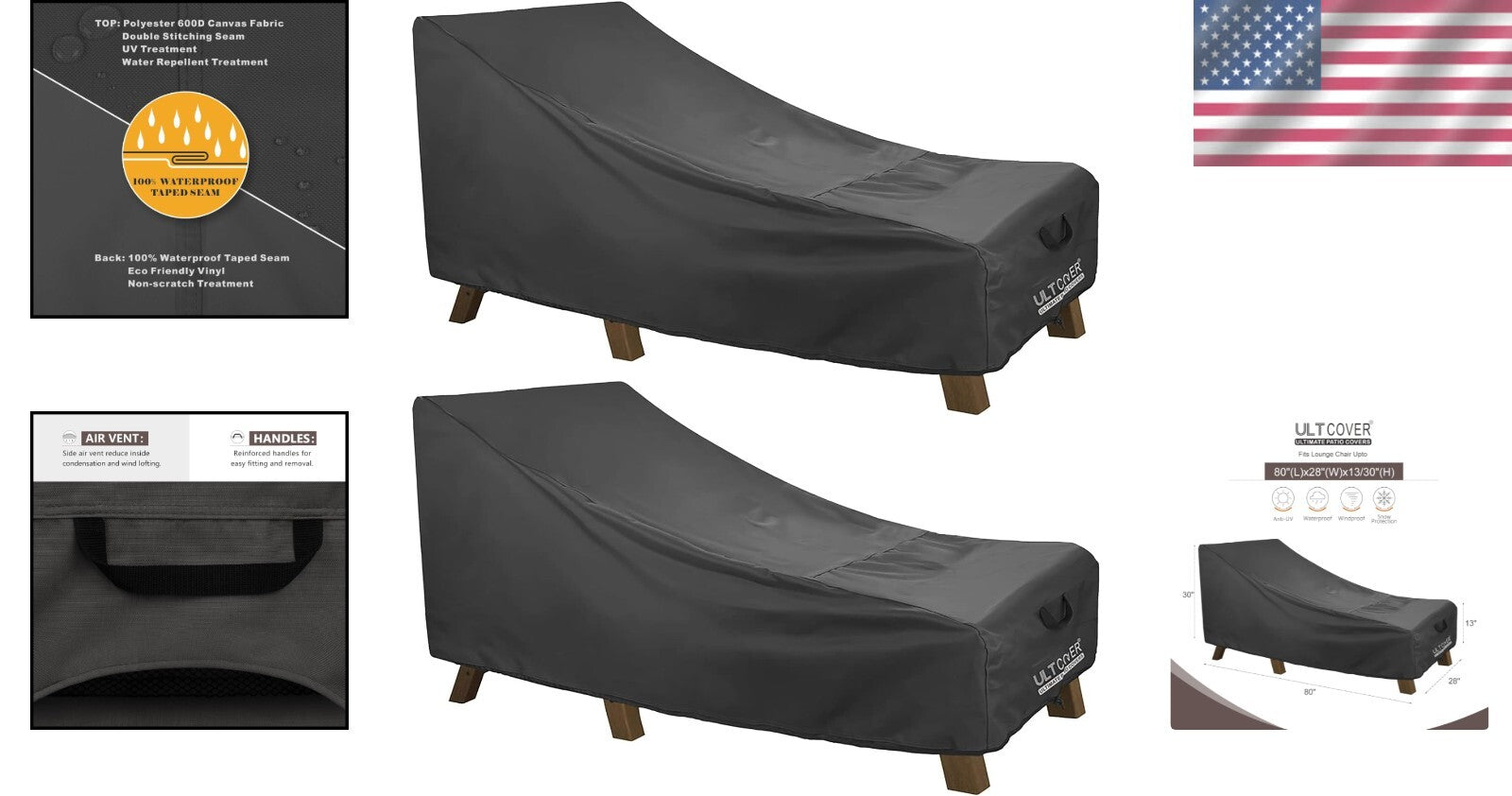 Secure & Stylish Black Lounge Chair Covers - Waterproof 2-Pack for Outdoor Use