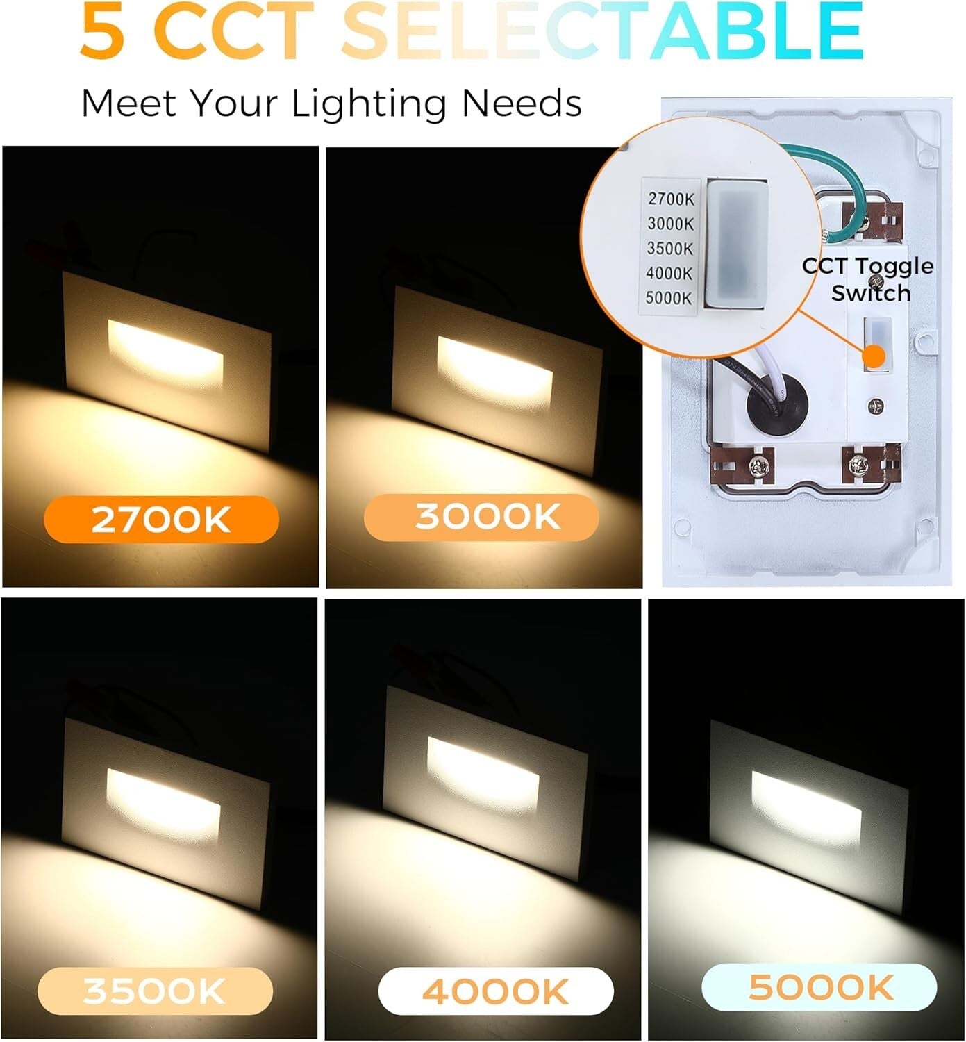 Sleek Wall Mount LED Step Light – 120V, 5 Adjustable Colors, Water-Resistant