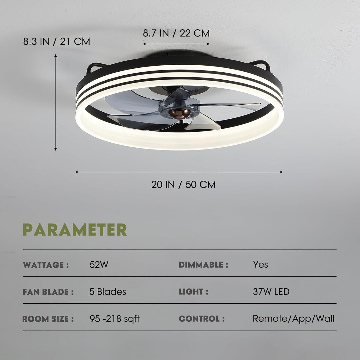Dimmable LED Flush Mount Ceiling Fan with 6 Speeds & Remote Control - 20" Black