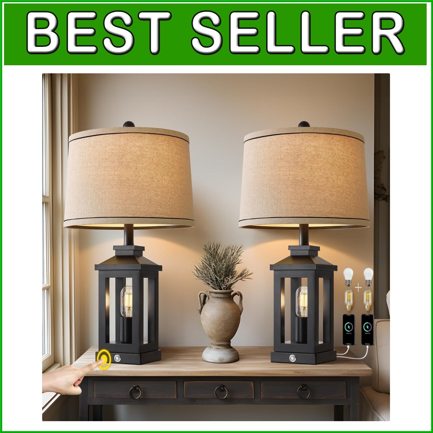 Elegant 23.75" Touch Control Black Table Lamps with Dual USB Ports - Set of 2