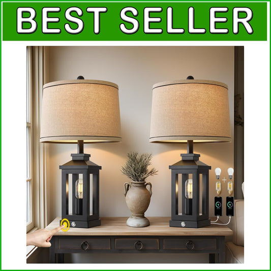 Elegant 23.75" Touch Control Black Table Lamps with Dual USB Ports - Set of 2