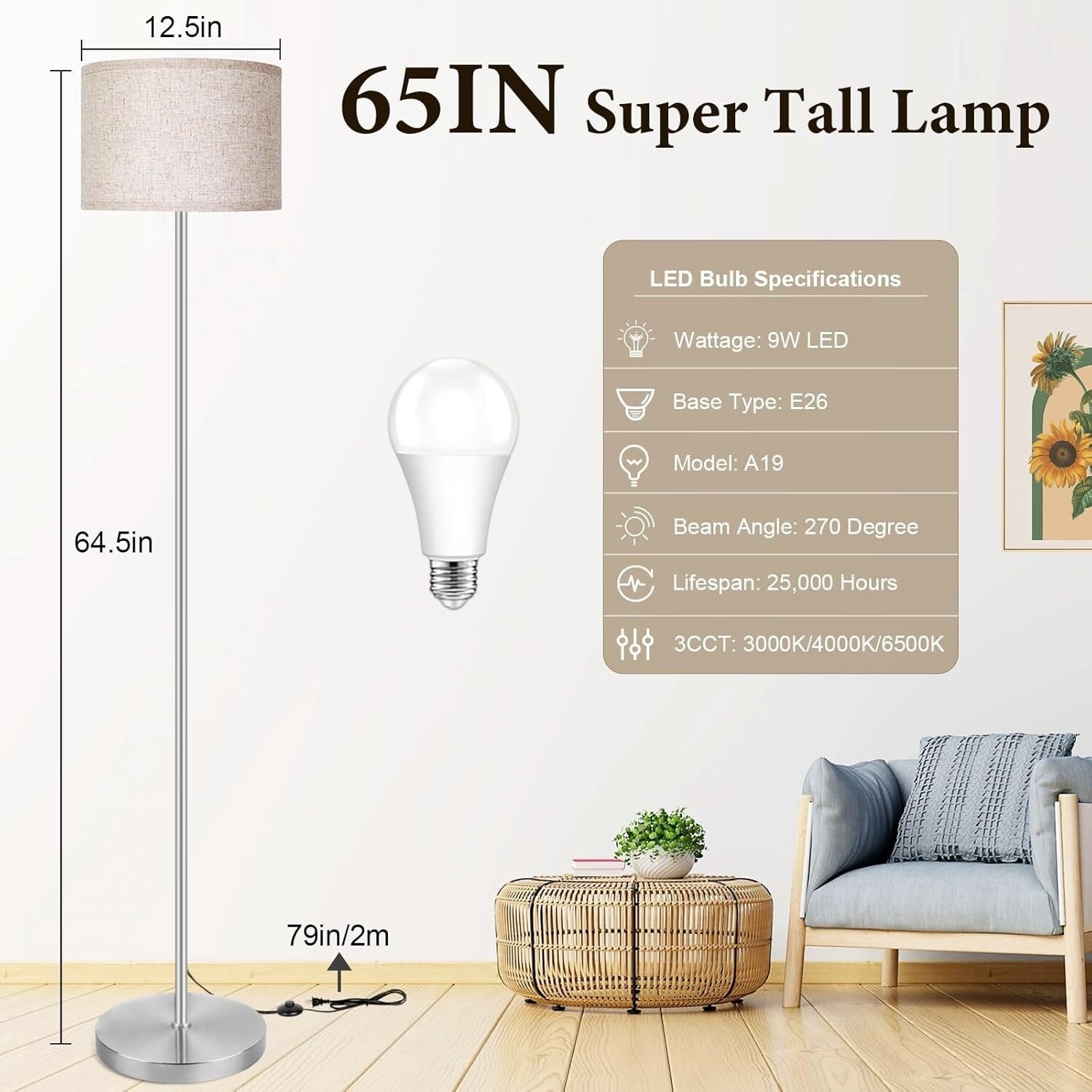 Elegant 65-Inch Floor Lamp with Easy-Control Foot Switch & Adjustable Lighting