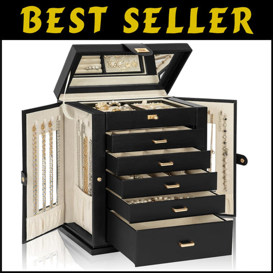 Faux Leather Jewelry Box with 6 Pull-Out Drawers & Mirror - Stylish Organizer