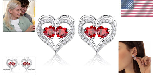 Elegant 925 Sterling Silver Birthstone Heart Earrings - Perfect Anniversary Gift