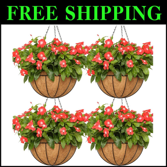4-Pack 14" Rustic Hanging Baskets with Coco Liners for Vibrant Outdoor Plants
