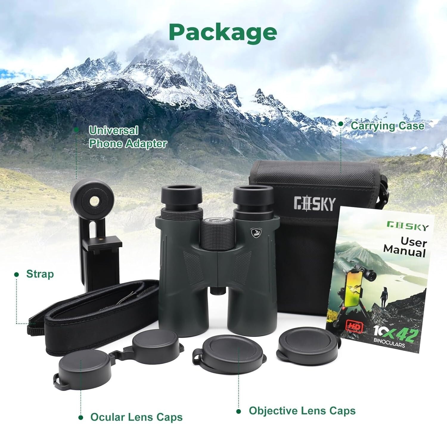 10X42 High Power Waterproof Binoculars with Phone Adapter for Outdoor Adventures