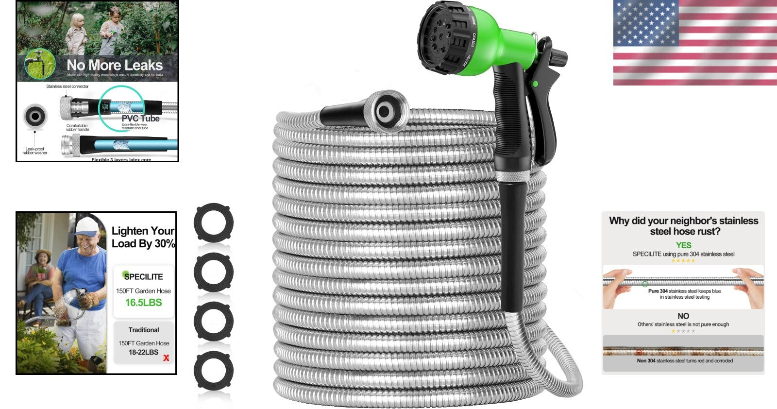 Durable 150ft Garden Water Hose - Tangle-Free, Heavy-Duty with Aluminum Fittings