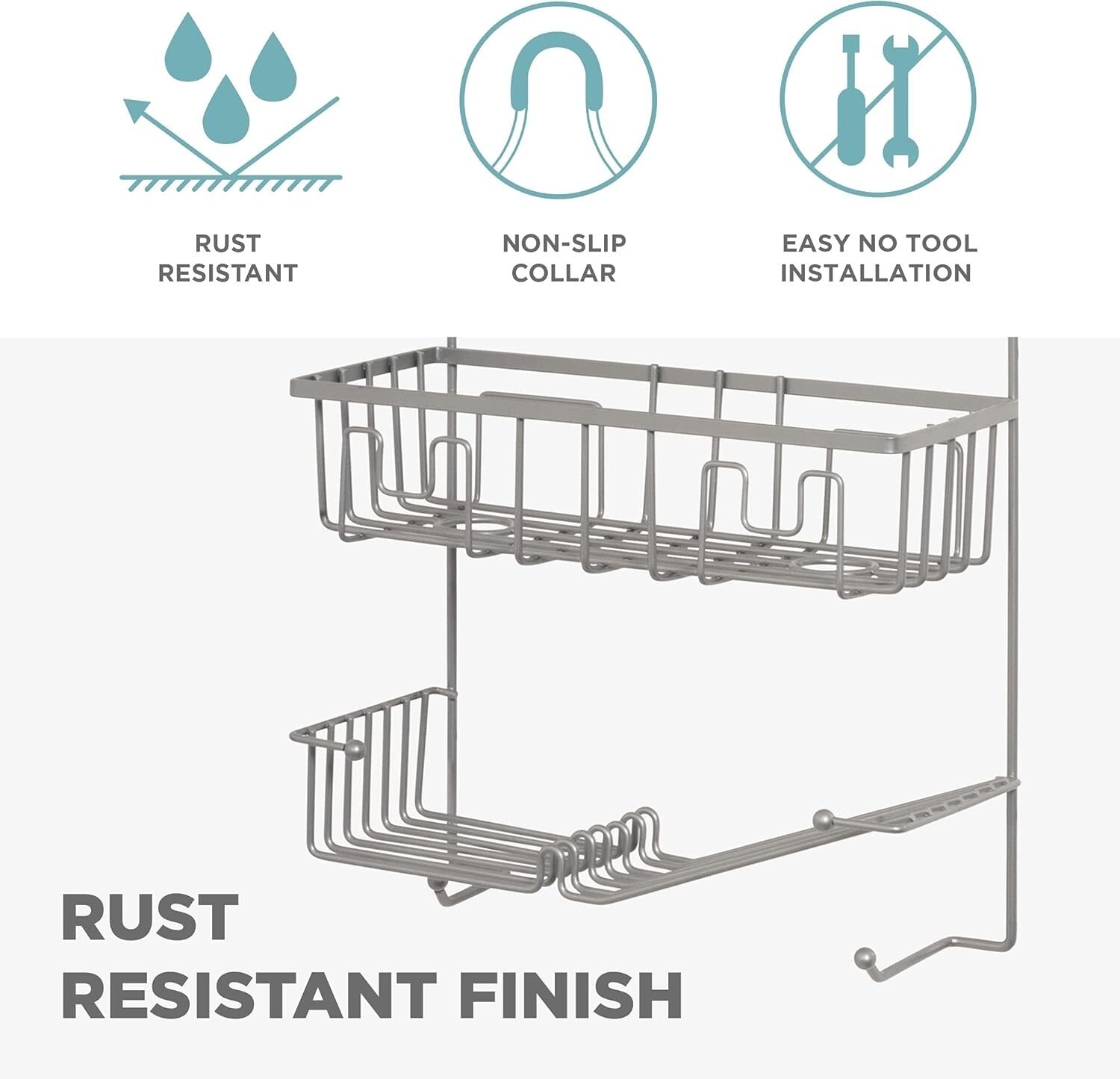 Easy-to-Install Satin Nickel Shower Caddy with 3 Compartments & Hooks