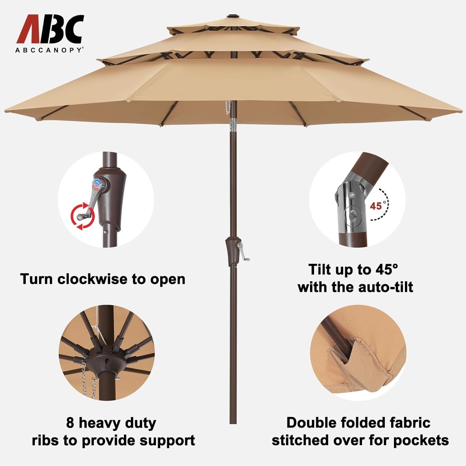 10FT Khaki 3-Tier Patio Umbrella - Stylish Sun Shade for Outdoor Comfort