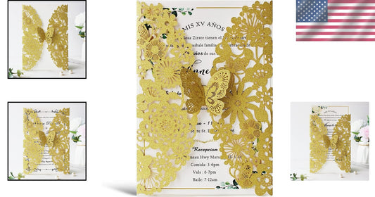 50 PCS Gold Laser Cut Lace Flora Wedding Invitations with Butterfly & Envelopes