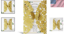 Load image into Gallery viewer, 50 PCS Gold Laser Cut Lace Flora Wedding Invitations with Butterfly &amp; Envelopes