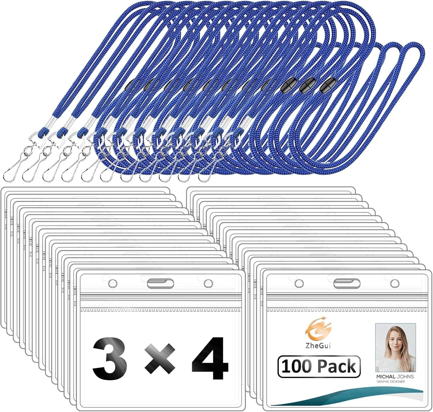 Durable 100 Pack Horizontal ID Badge Holders with Comfort Lanyards - Breakaway