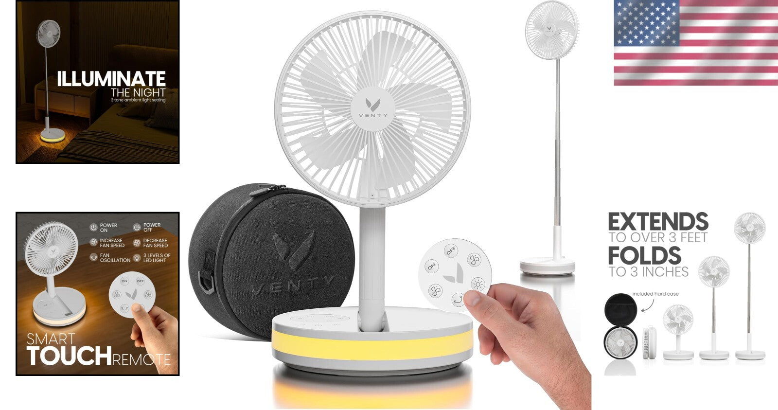 Foldable White Fan with Remote & LED Light - Ideal for Outdoor Adventures