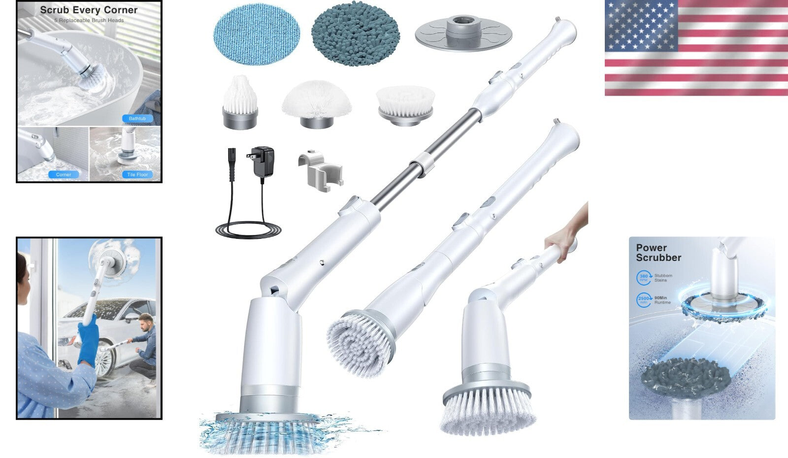 Powerful Cordless Spin Scrubber with 3 Lengths & 5 Brush Heads for Easy Cleaning