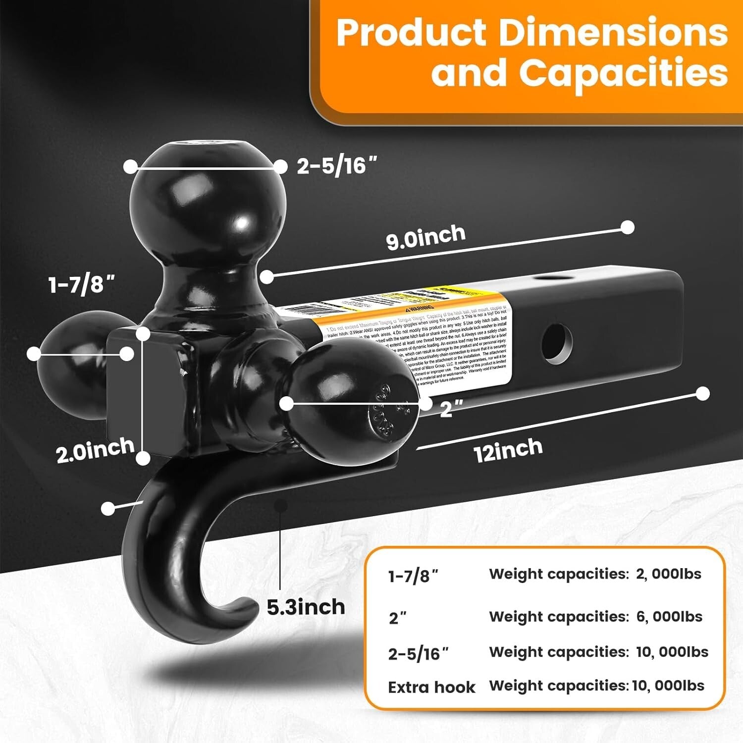 Durable Triple Ball Mount with 10,000 lbs Hook, Fits Class III and IV Receivers