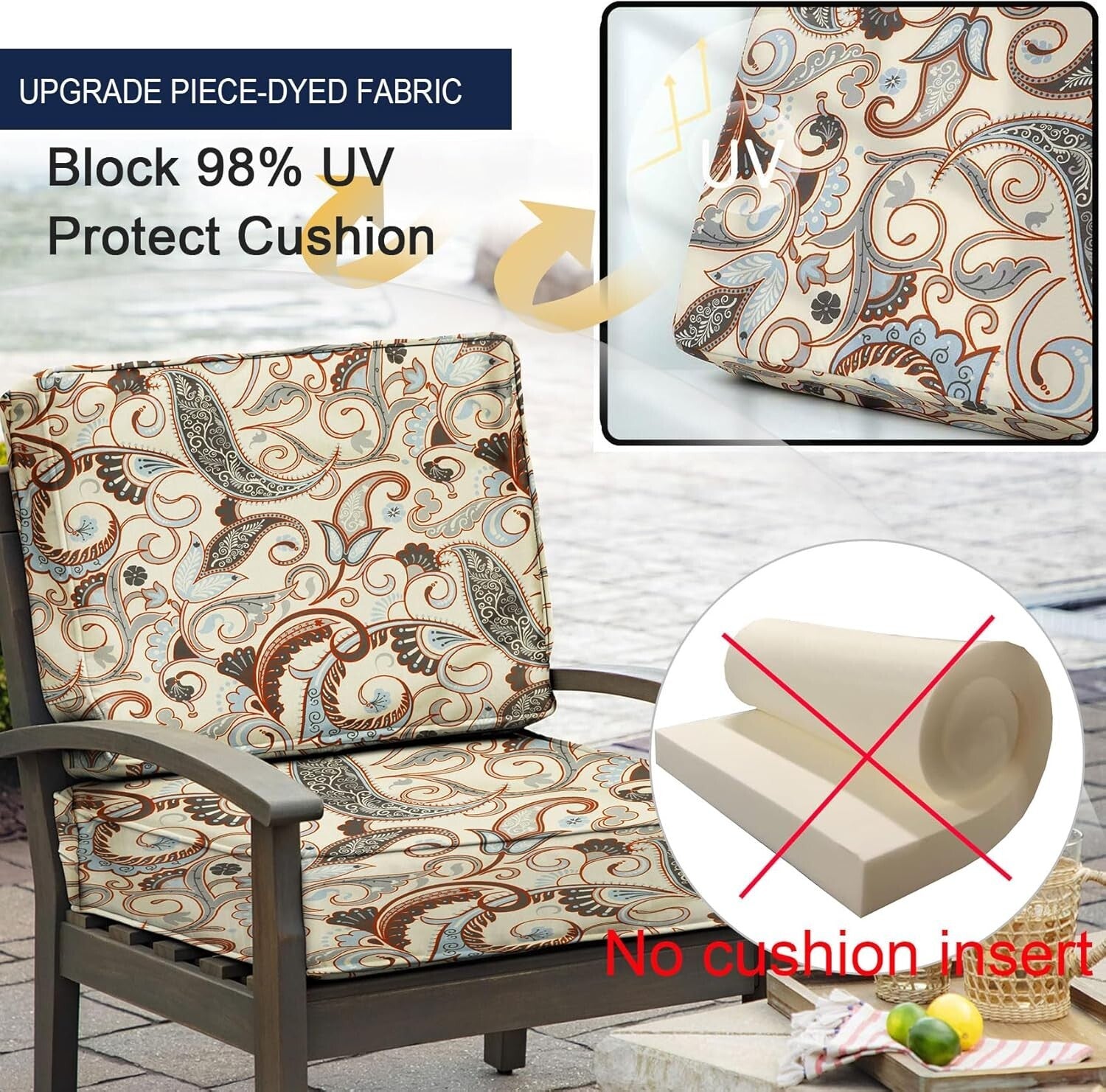 UV-Resistant Vintage Cushion Slip Covers with Ties - Fits 24x22x4 Inch Chairs
