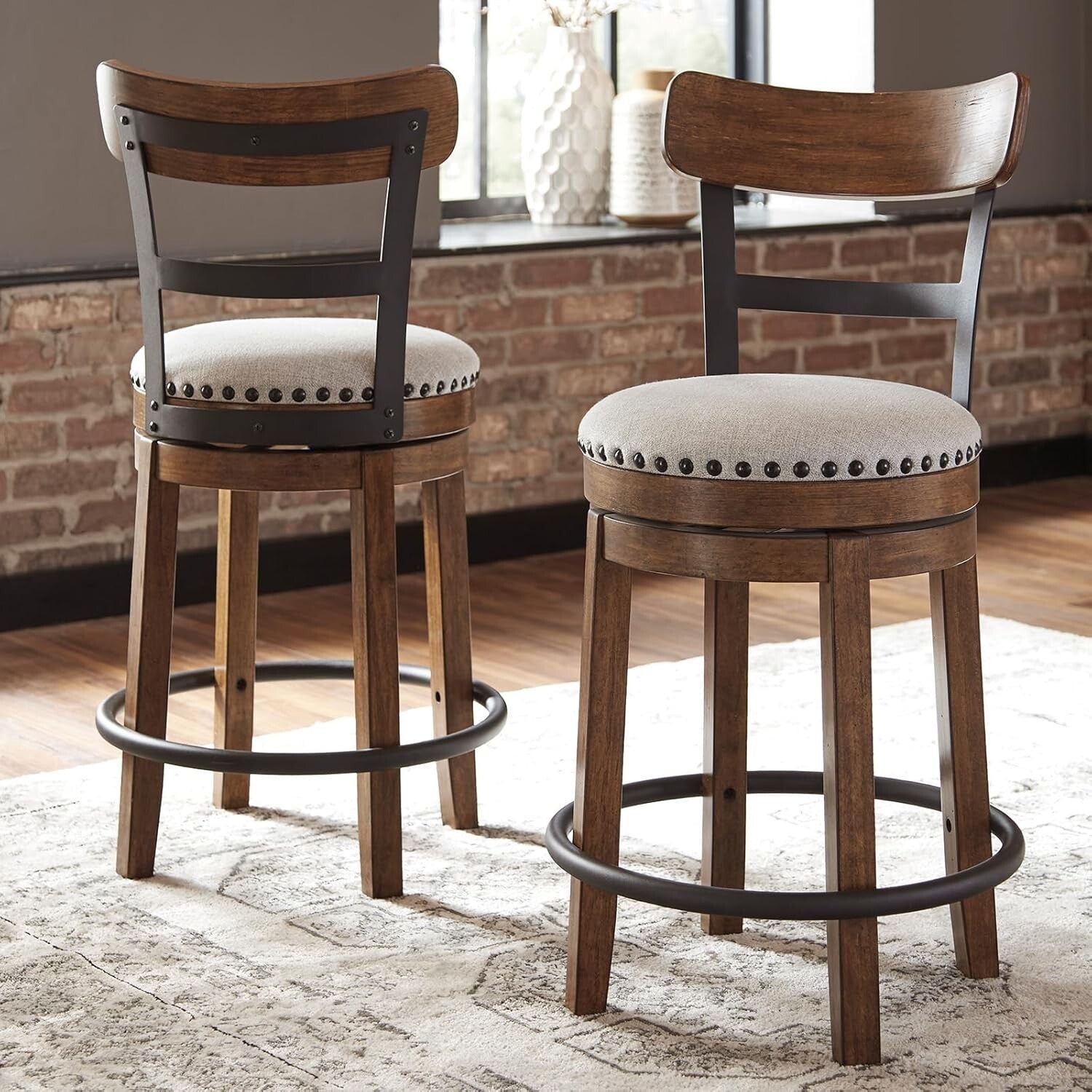 Rustic Farmhouse Swivel Bar Stool - 24.5” Seat Height, Dark Brown Oak Finish