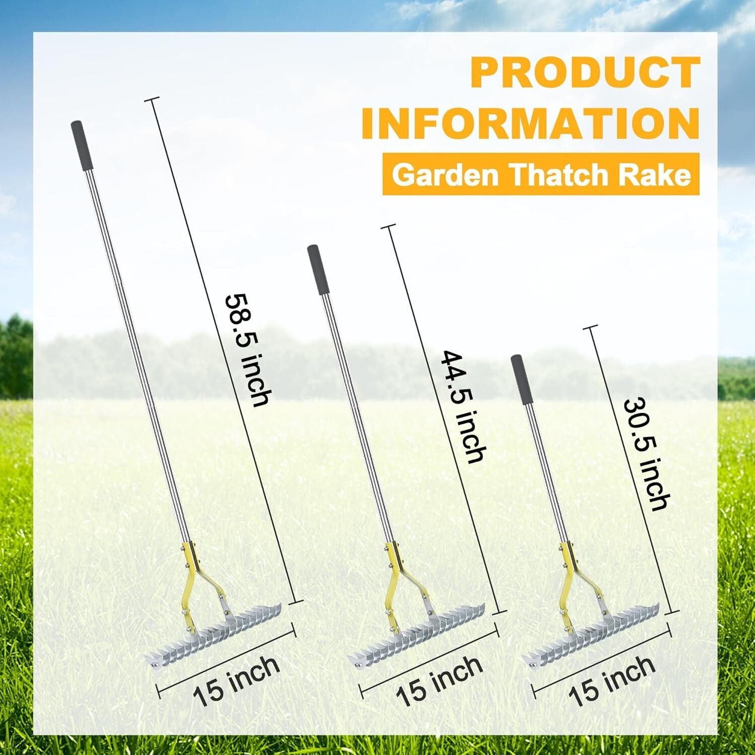 Efficient 15-Inch Thatching Rake with Stainless Steel Handle for Garden Care