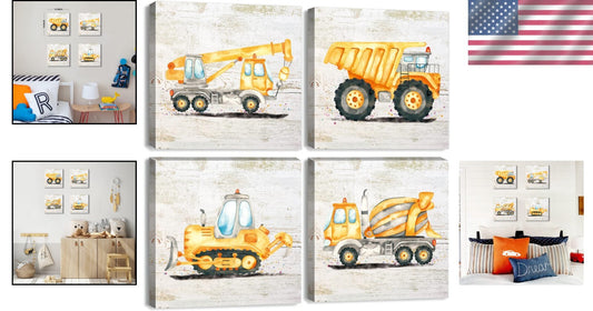 Eco-Friendly Construction Vehicle Canvas Art Set for Kids Room - 14x14 Inches