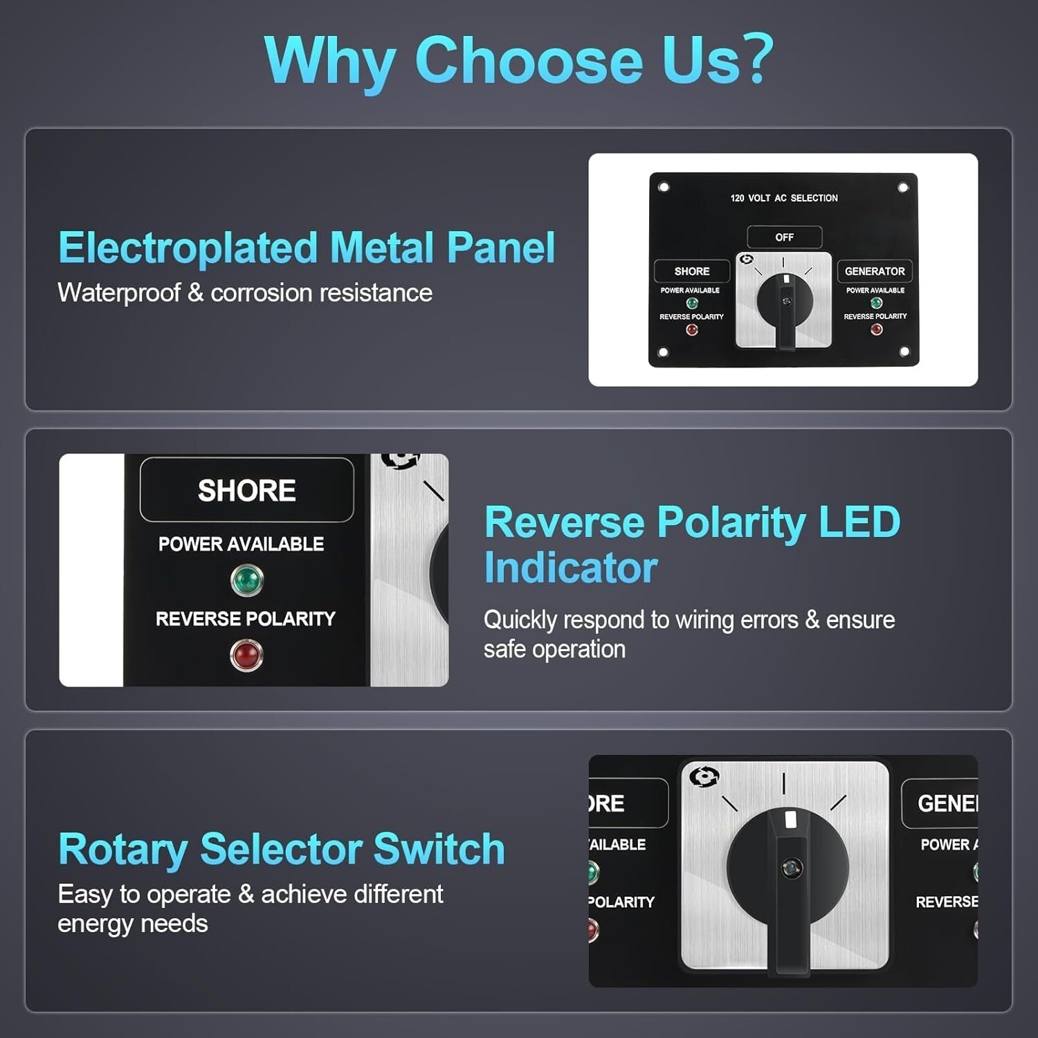 Compact Rotary Selector Switch - 120V 30A with Reverse Polarity Indicator