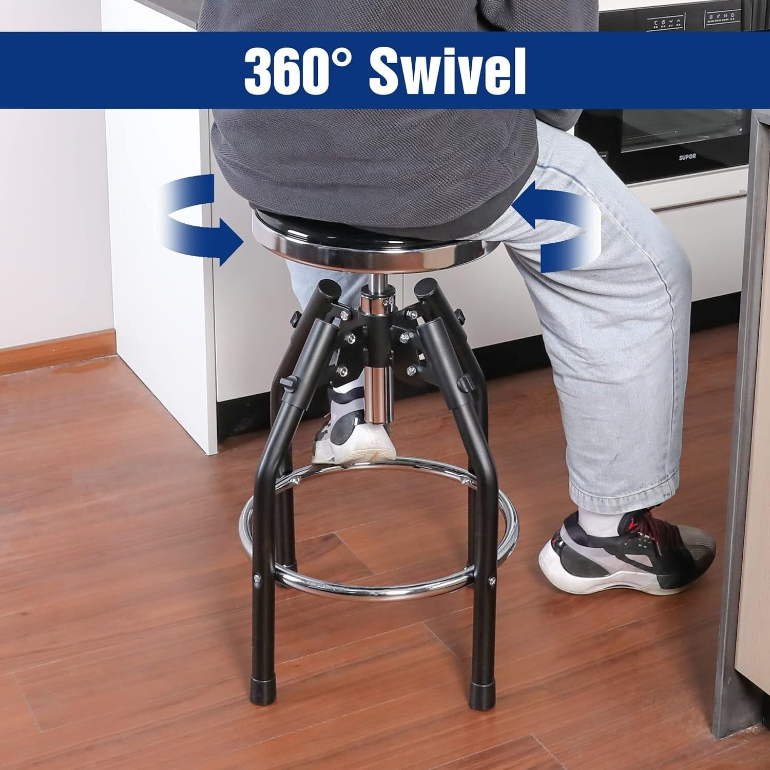 Black Heavy Duty Shop Stool - Hydraulic Height Adjustable 29in to 33.86in